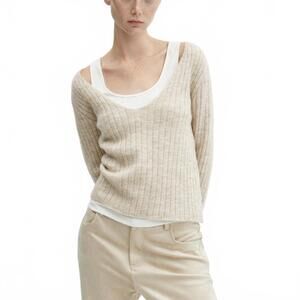 Mango Bateman Wool Blend V-Neck Ribbed Knit Sweater Ice Grey Jersey NWT XS